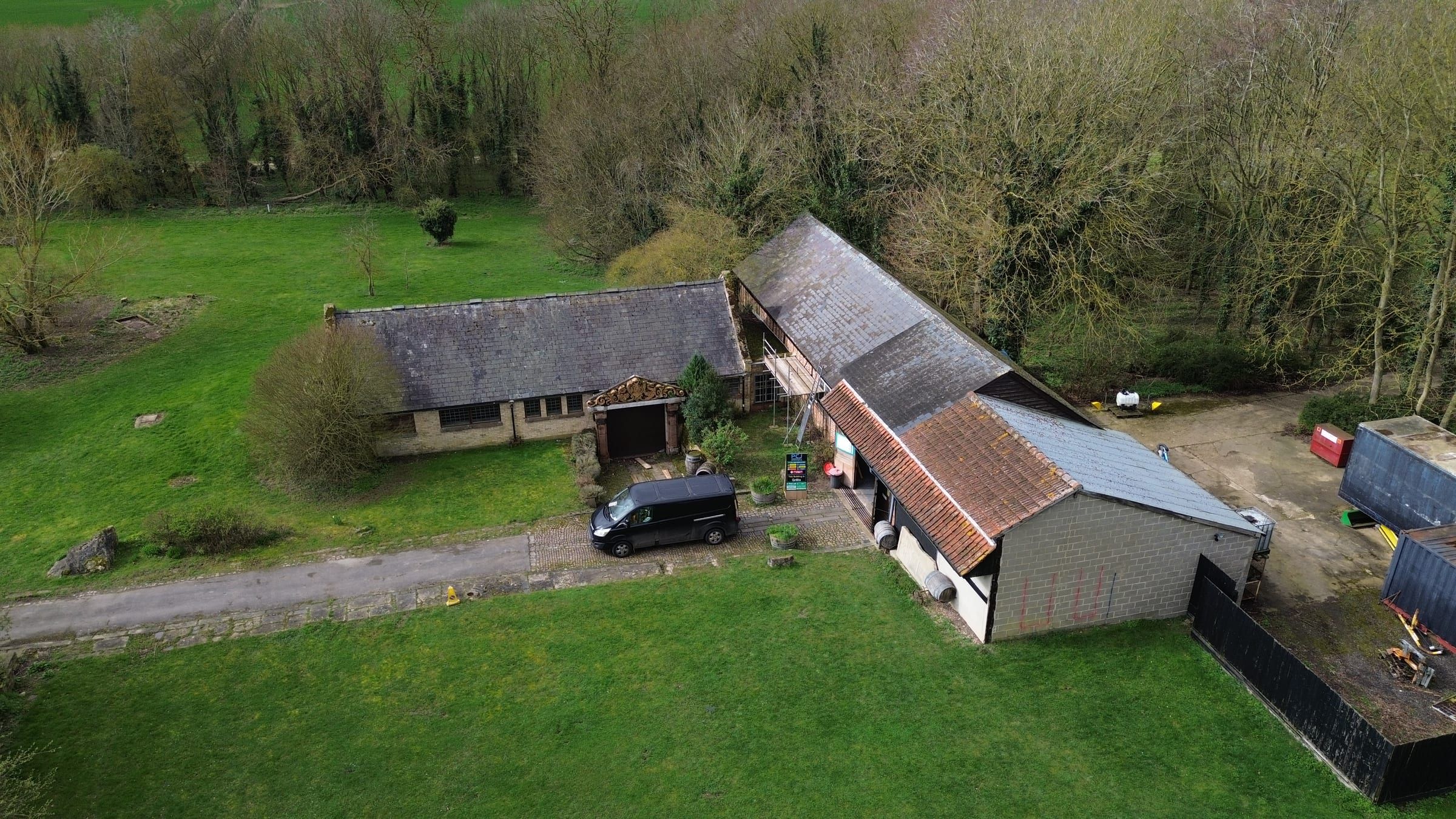 Aerial view of the original Chilford Hall barn complex before renovation