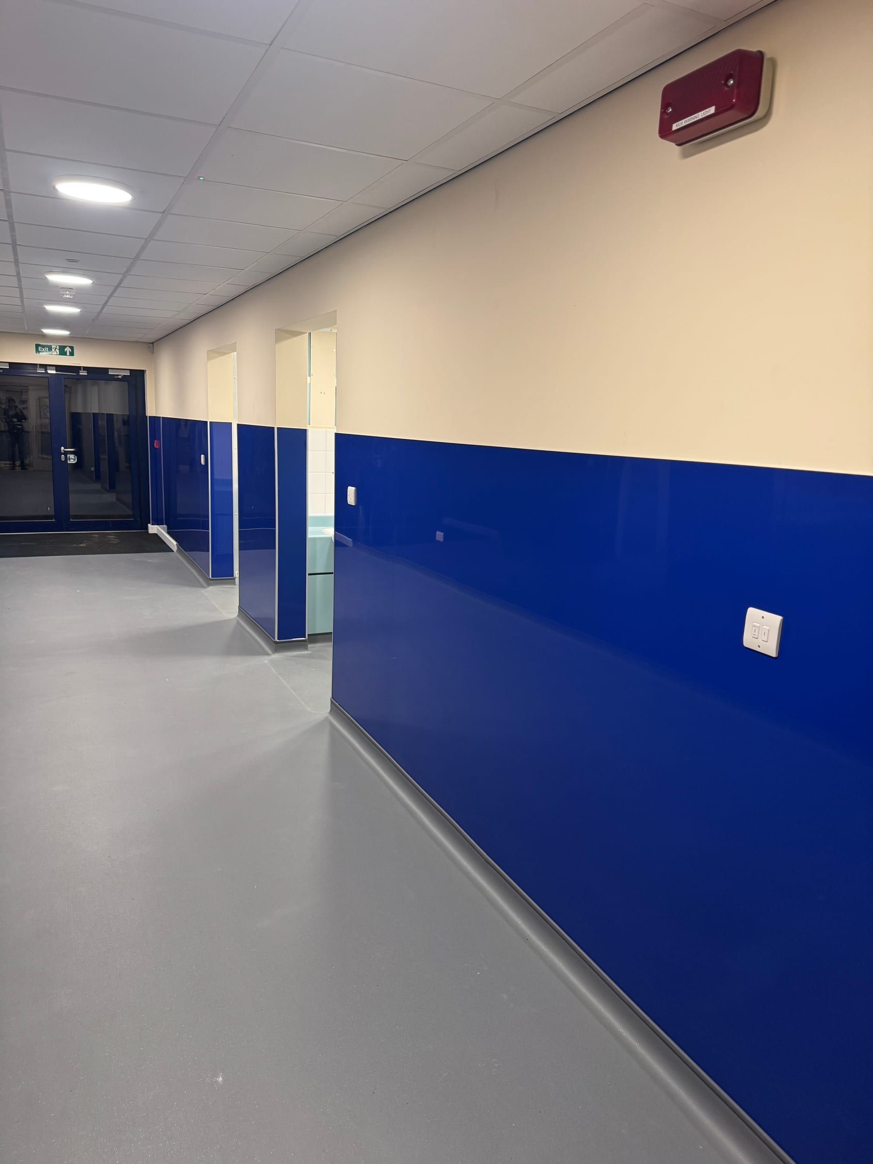 Corridor with new blue wall panelling beside toilet cubicle entrances