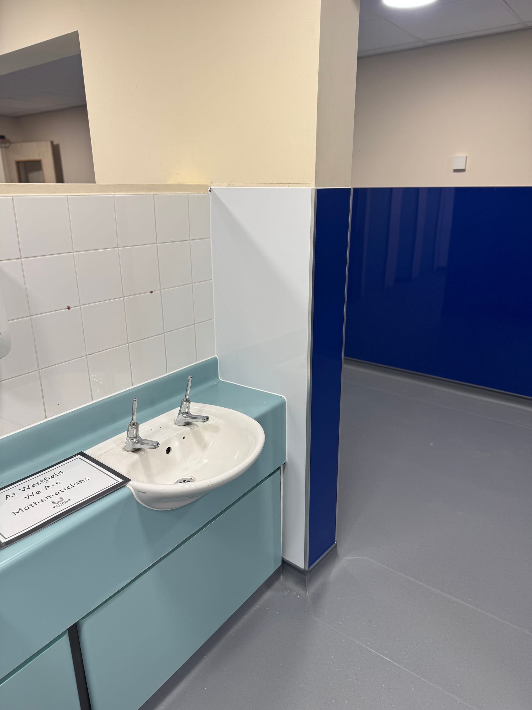 Close-up of new wall-mounted sink and teal vanity unit in refurbished bathroom